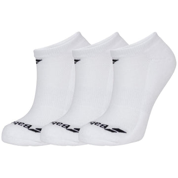 Three pairs of Babolat Invisible Trainer Socks in white are displayed side by side. Each sock, adorned with a black logo near the toe, is designed for breathability and includes a support band to enhance comfort. The design is simple and athletic, making them ideal for casual wear.