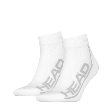Introducing the HEAD Stripe Quarter Tennis Socks (2 Pack) in white, embellished with the brand's iconic gray "HEAD" lettering. These socks feature cushioned soles for added comfort and ribbed cuffs, making them perfect for both athletic activities and casual wear. Designed with mesh foot arch support, they ensure excellent performance whenever you need it.