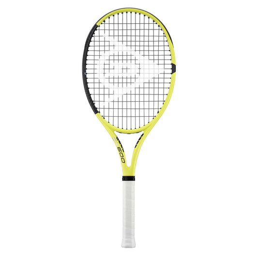 The Dunlop SX 600 Tennis Racket - Yellow / Black (Frame Only) from Dunlop showcases a stylish yellow and black appearance paired with a white grip. Its crisscross strings and Spin Boost+ Grommets are designed to enhance functionality, while the frame features understated black branding elements, delivering optimal performance on the court.