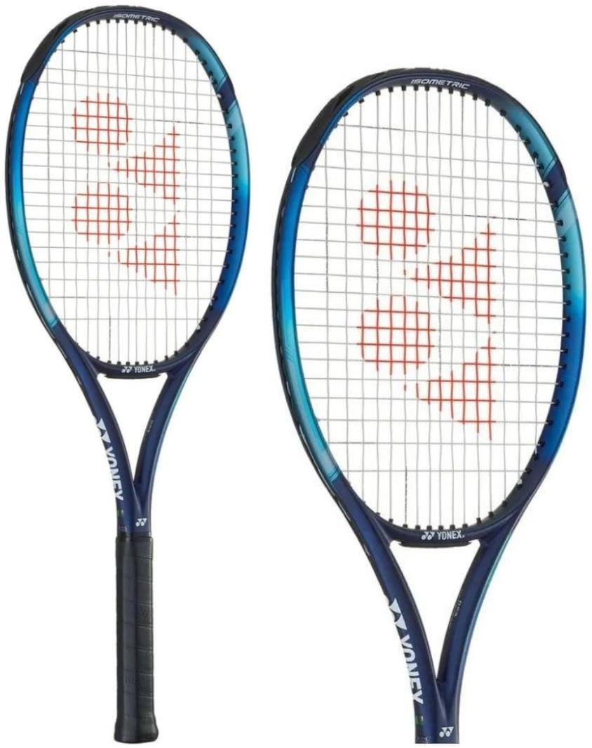 Two Yonex EZONE Sonic Tennis Rackets in sky blue with black grips are displayed. Made from HM graphite, these rackets incorporate isometric technology for improved performance. The strings feature a red logo pattern, and the rackets are beautifully arranged at various angles against a white background.