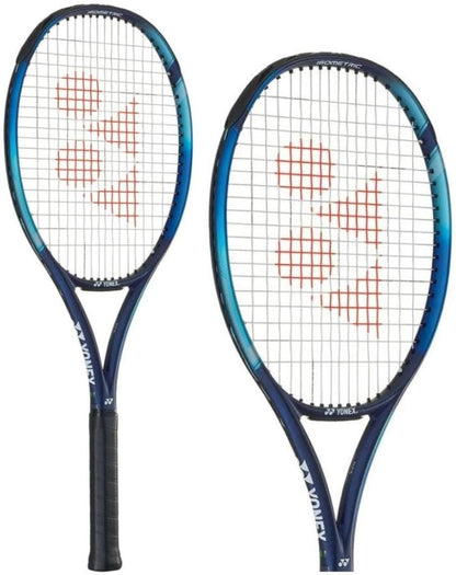 Two Yonex EZONE Sonic Tennis Rackets in sky blue with black grips are displayed. Made from HM graphite, these rackets incorporate isometric technology for improved performance. The strings feature a red logo pattern, and the rackets are beautifully arranged at various angles against a white background.
