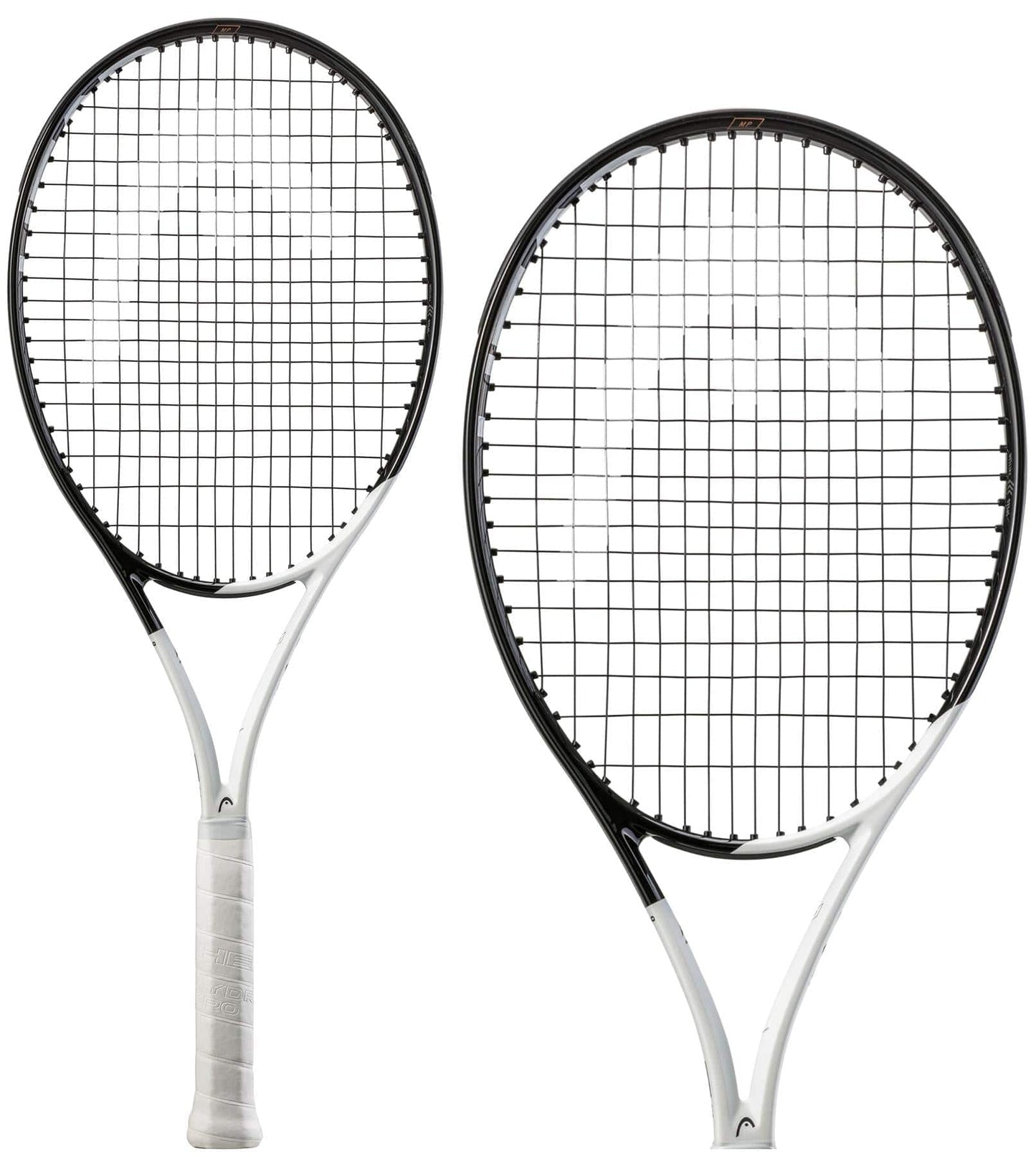 Two HEAD Speed MP 2022 tennis rackets, featuring a striking combination of black frames and sleek white grips, are positioned side by side against a pristine white background. These rackets showcase a classic crisscross string pattern and incorporate advanced Graphene Inside technology for improved performance.