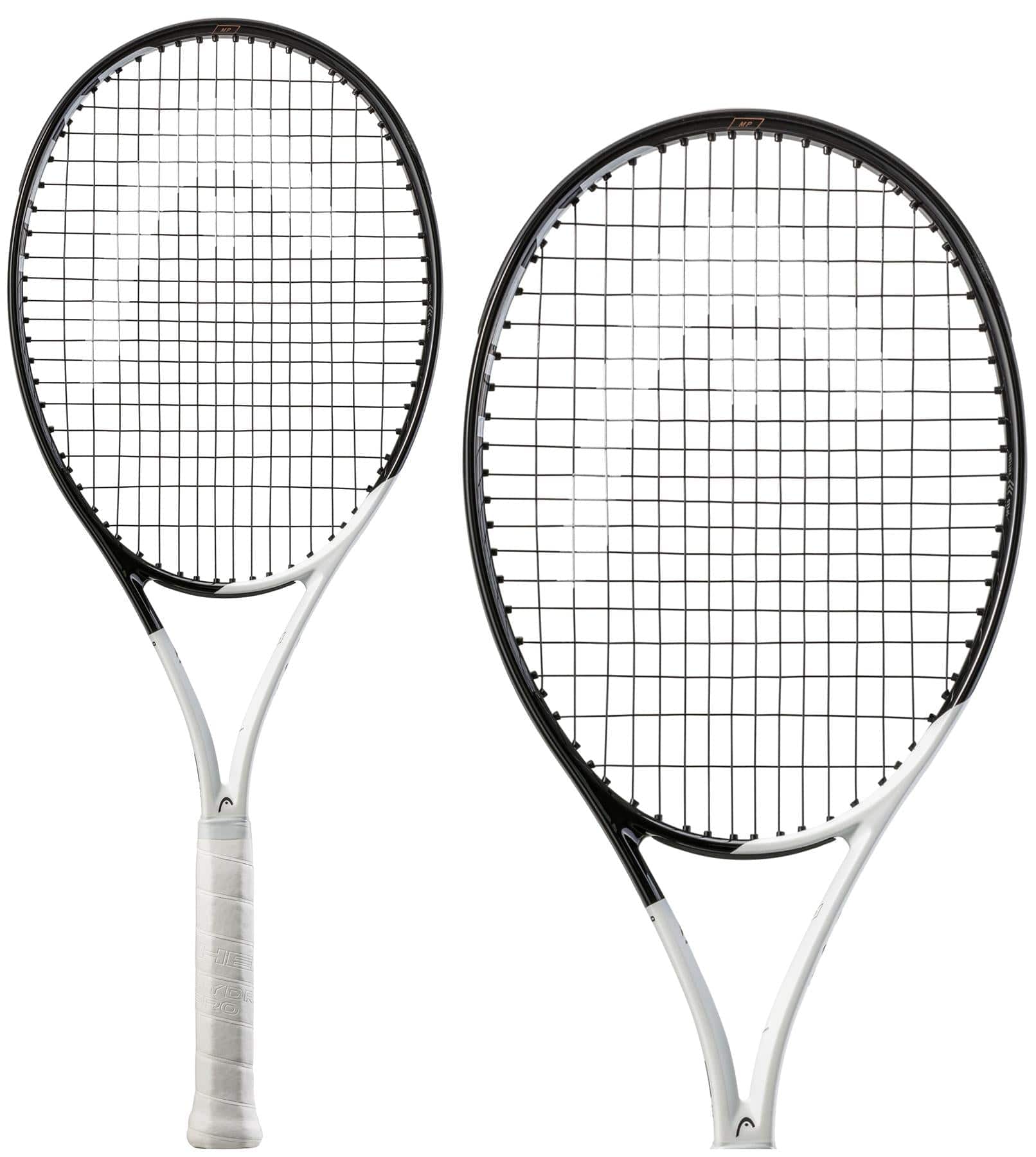 Two HEAD Speed MP 2022 tennis rackets, featuring a striking combination of black frames and sleek white grips, are positioned side by side against a pristine white background. These rackets showcase a classic crisscross string pattern and incorporate advanced Graphene Inside technology for improved performance.