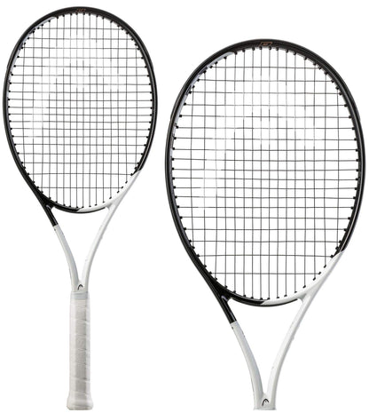 Two HEAD Speed MP 2022 tennis rackets, featuring a striking combination of black frames and sleek white grips, are positioned side by side against a pristine white background. These rackets showcase a classic crisscross string pattern and incorporate advanced Graphene Inside technology for improved performance.
