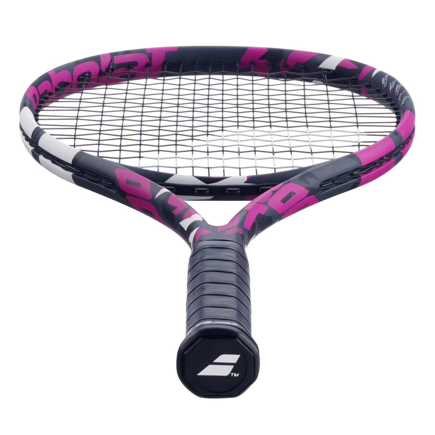 Close-up shot of the Babolat Boost Aero Pink 260g Tennis Racket (Strung) featuring a black handle and a vibrant frame in shades of pink, white, and black. Made from graphite for a lightweight feel, it includes tightly strung strings with the handle directed towards the viewer.