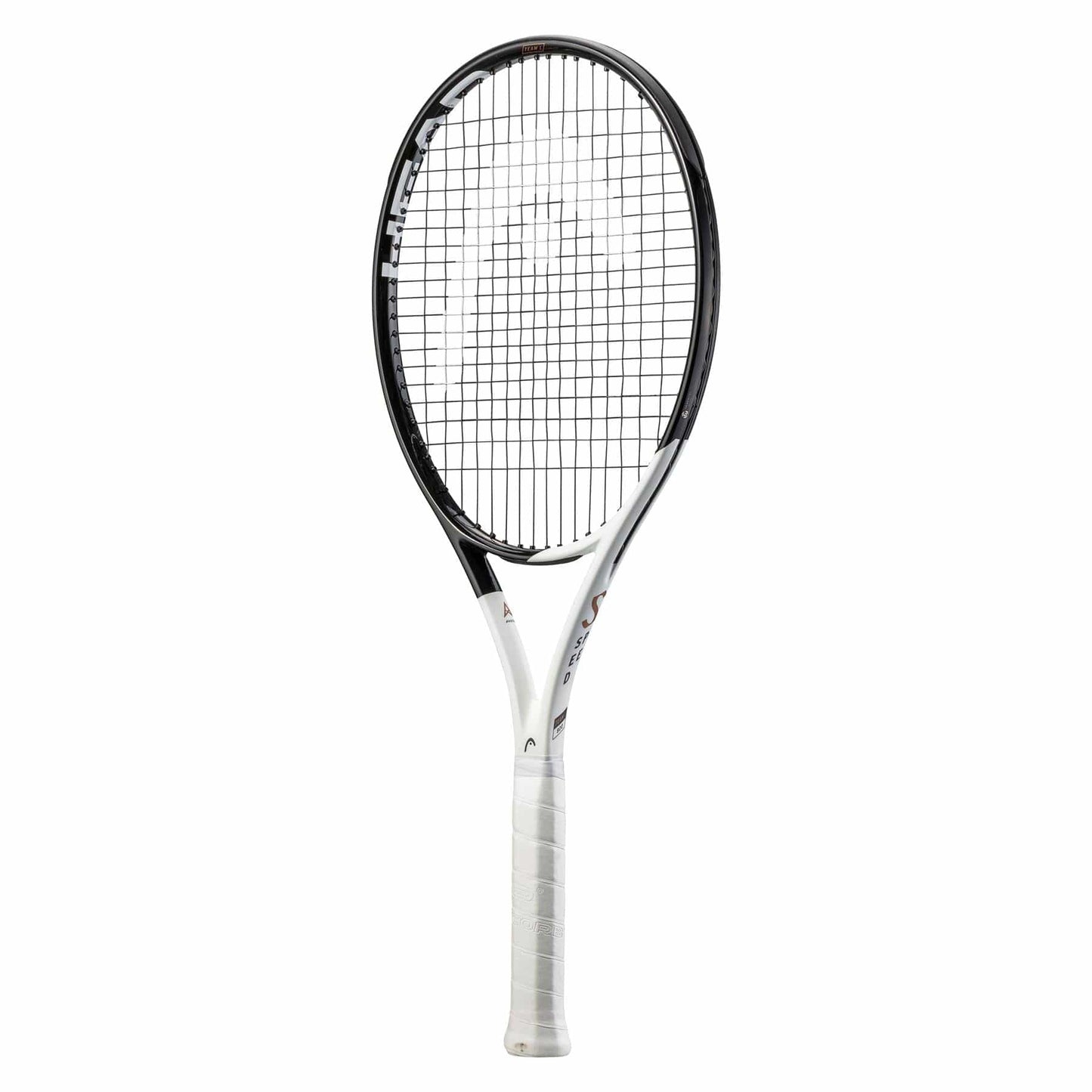 A white and black HEAD Speed Team L 2022 Tennis Racket, featuring a white grip, is displayed slightly angled against a plain white background. The brand name appears on the frame near the strings, highlighting its Auxetic construction for improved performance.