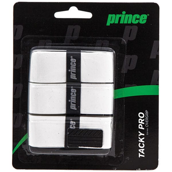 A plastic package containing a dozen white "Prince Tacky Pro" tennis overgrips, featuring the Prince brand's black and green branding. Each grip is secured with a black band inscribed with the word "prince.