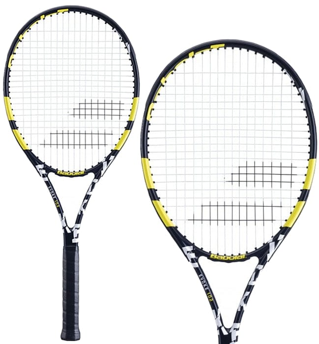 Explore the Babolat Evoke 102 270g Tennis Racket (Strung), an ideal choice for beginners. Sporting a sleek white and black patterned frame accented with yellow, this racket comes with white strings and black grips, combining style with court-ready performance.