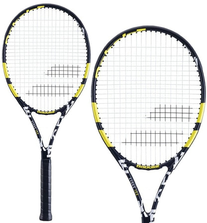 Explore the Babolat Evoke 102 270g Tennis Racket (Strung), an ideal choice for beginners. Sporting a sleek white and black patterned frame accented with yellow, this racket comes with white strings and black grips, combining style with court-ready performance.