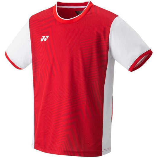 Here's a rewrite of the sentence using the given product data:

The Yonex 10514 Men's T-Shirt in Ruby Red, inspired by Team China 2023, features a geometric pattern on the front. This jersey-style shirt includes short white sleeves and a red collar, with a small white logo located on the upper left chest area.