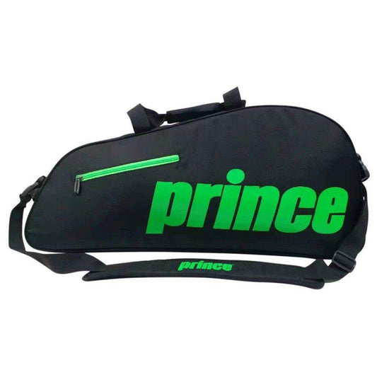 The Prince Thermo 3 Racket Bag - Black / Green is a stylish accessory featuring a prominent green "Prince" logo on the side. It includes a small pocket with a green zipper and an adjustable shoulder strap, offering both comfort and convenience for easy transport.