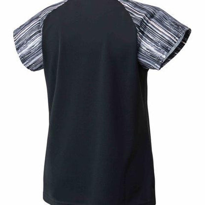 Introducing the Yonex 16574 Women's T-Shirt - Black: a short-sleeved shirt made from sweat-absorbing, quick-dry fabric. The gray and white sleeves feature a striped, abstract design. Photographed against a white background, this tee seamlessly combines style with performance.