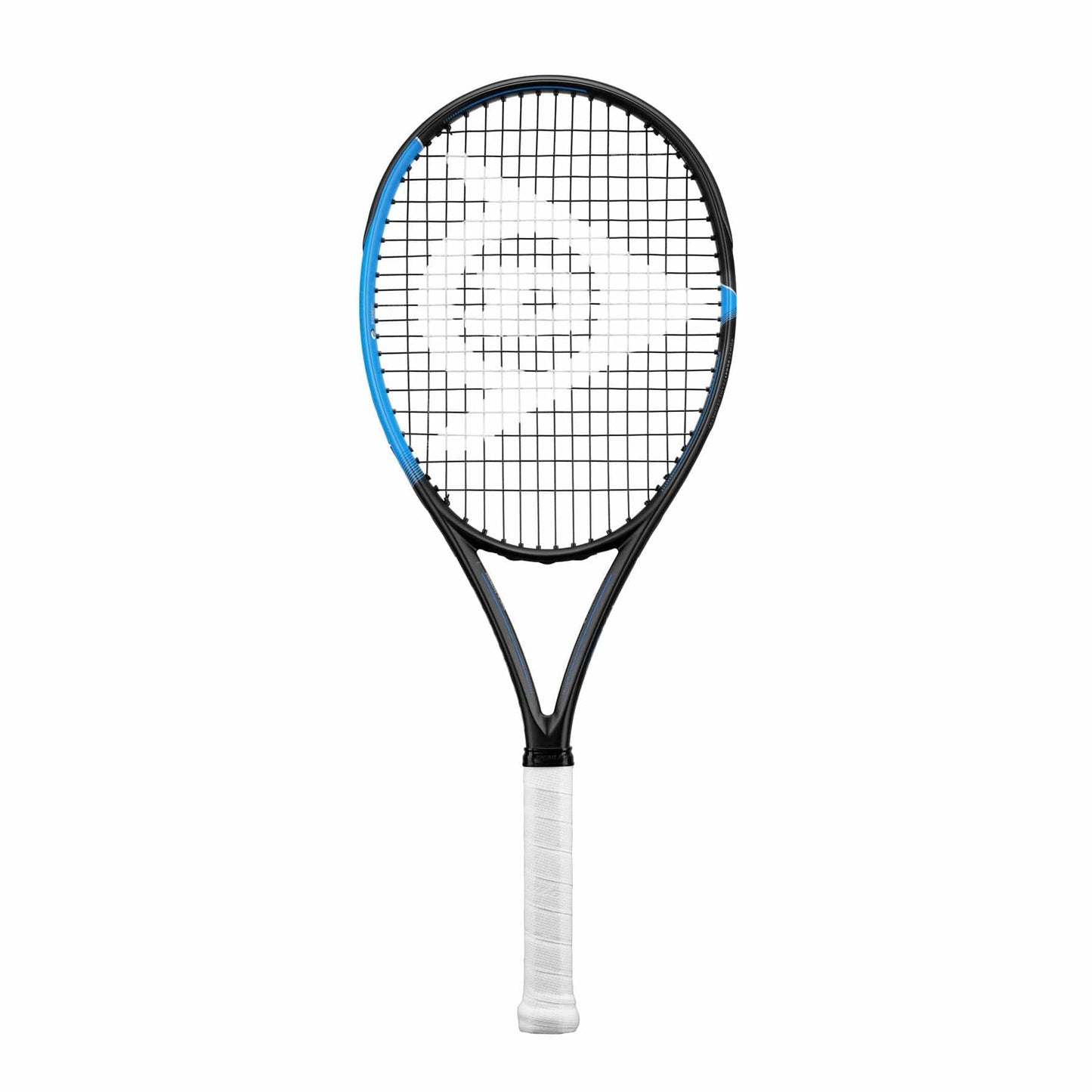 The Dunlop FX 500 Lite Tennis Racket, a stylish black and blue frame-only piece, boasts a white grip and Sonic Core technology. Its strings feature a triangular logo design at the center, while the primarily black frame is enhanced with blue accents on the top left side to provide an extra power boost.