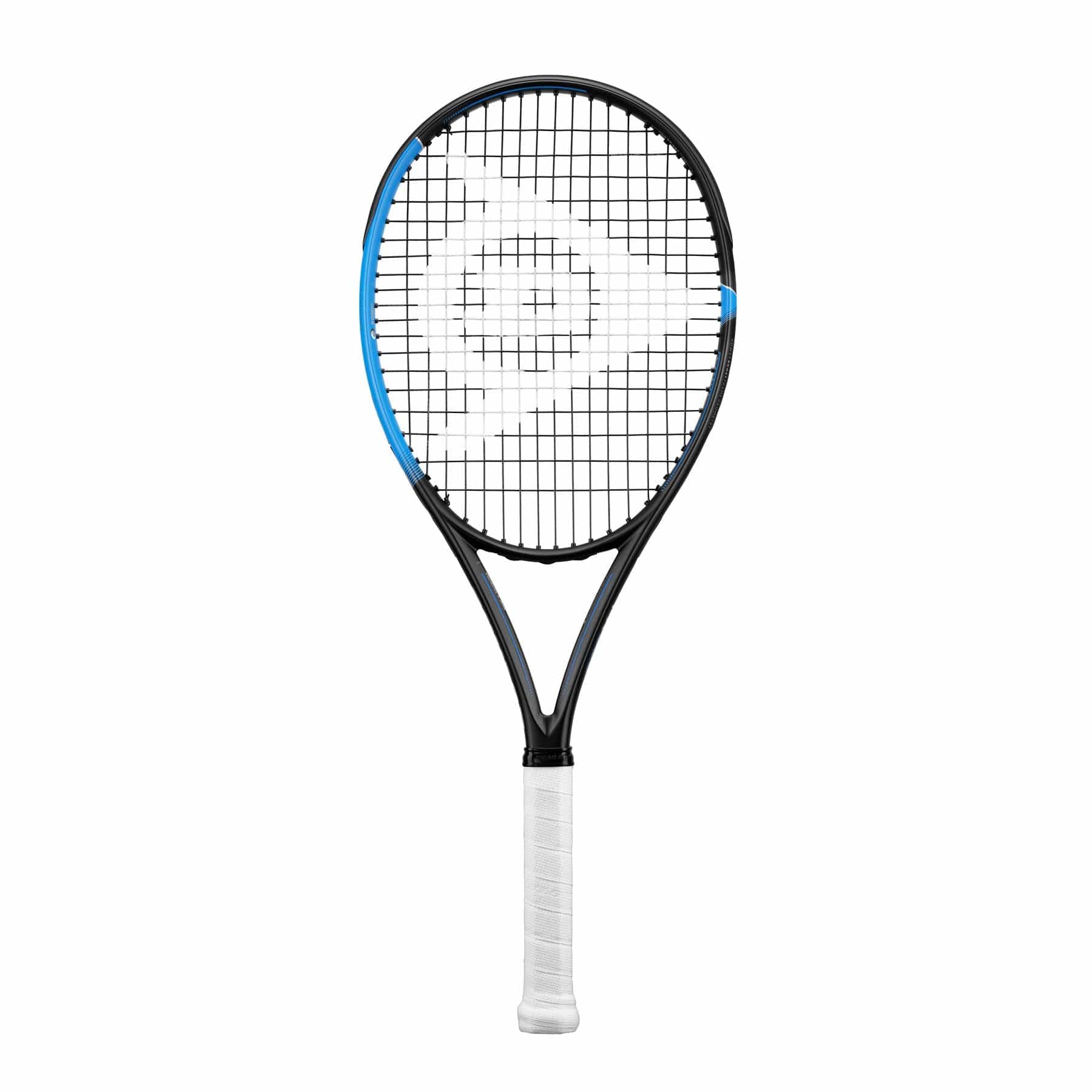 The Dunlop FX 500 Lite Tennis Racket, a stylish black and blue frame-only piece, boasts a white grip and Sonic Core technology. Its strings feature a triangular logo design at the center, while the primarily black frame is enhanced with blue accents on the top left side to provide an extra power boost.
