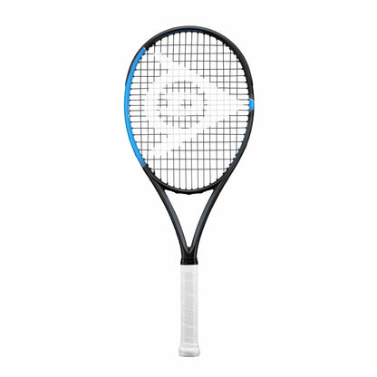 The Dunlop FX 500 Lite Tennis Racket, a stylish black and blue frame-only piece, boasts a white grip and Sonic Core technology. Its strings feature a triangular logo design at the center, while the primarily black frame is enhanced with blue accents on the top left side to provide an extra power boost.