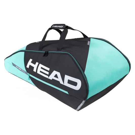 Introducing the HEAD Tour Team 9R Supercombi Tennis Bag: a spacious and stylish design in black and mint. It features CCT+ climate control technology to keep your gear protected. With the bold "HEAD" logo and durable handle, this bag perfectly combines style and functionality for any tennis enthusiast.