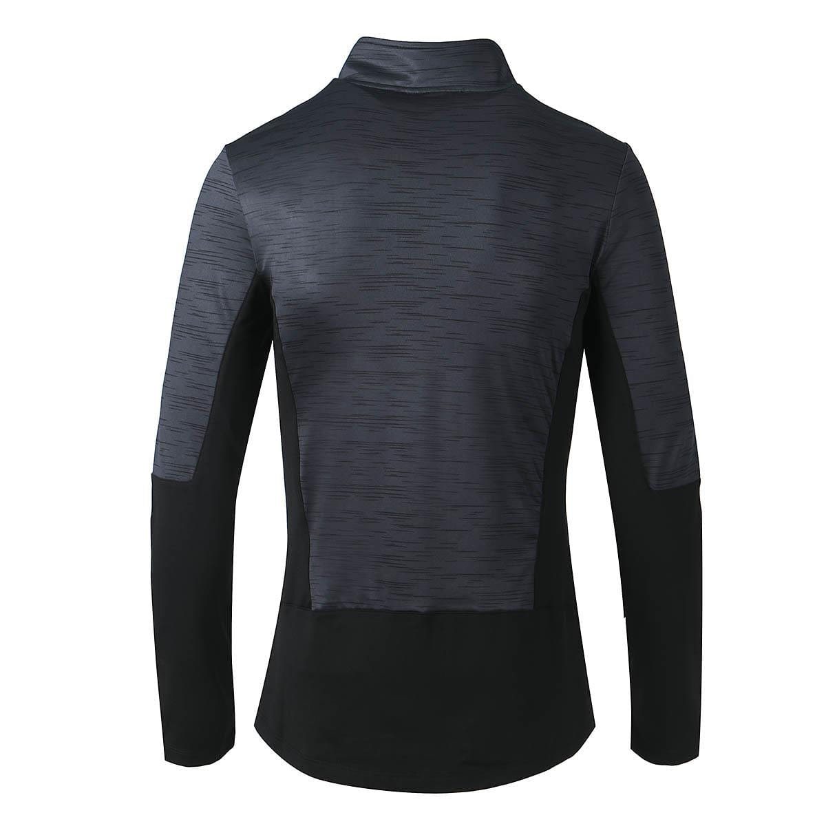 The FZ Forza Savoy Women's Jacket in black, made with stretchable fabric, is shown from the back. This long-sleeve jacket by FZ Forza boasts a subtle textured pattern and a high collar in sleek shades of black and dark gray, all enhanced by Dryforze technology for a modern design.