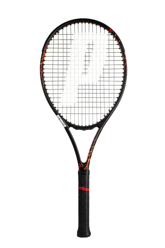 The Prince Beast 100 300g Tennis Racket (Frame Only) from Prince features a stylish black design with red accents, adorned with a white logo on the strings and a grid pattern. The frame incorporates subtle red elements and TeXtreme technology, while the handle is wrapped in black grip tape to enhance control.