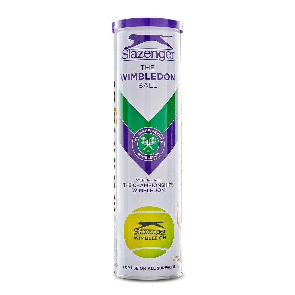 The Slazenger Wimbledon Official Tennis Balls, packaged in a 4 Ball Tube, feature Hydroguard Technology and premium woven ULTRA VIS cloth. The cylindrical design displays green and purple accents along with the official "The Wimbledon Ball" branding, signifying its role as the Championship's official supplier.