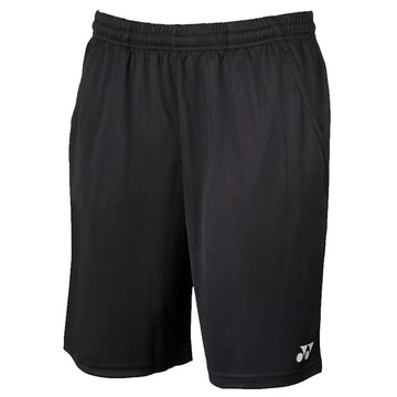 The Yonex YS2000EX Men's Shorts in black are made from sweat-absorbing polyester and feature an elastic waistband along with convenient side pockets, highlighted by a discreet logo on the lower left leg.
