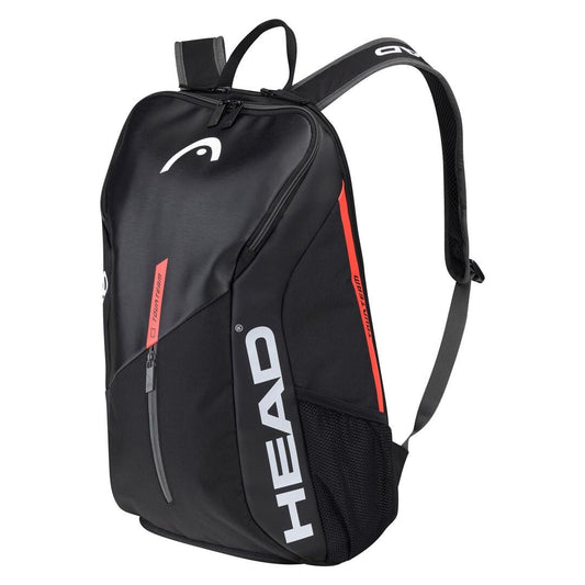 The HEAD Tour Team Tennis Backpack in Black and Orange boasts a modern, sporty design with vibrant orange accents and a prominent white "HEAD" logo. It includes a convenient front zipper pocket, mesh side pockets for additional storage, and adjustable padded shoulder straps for comfort. Additionally, the backpack features a dedicated compartment for rackets.