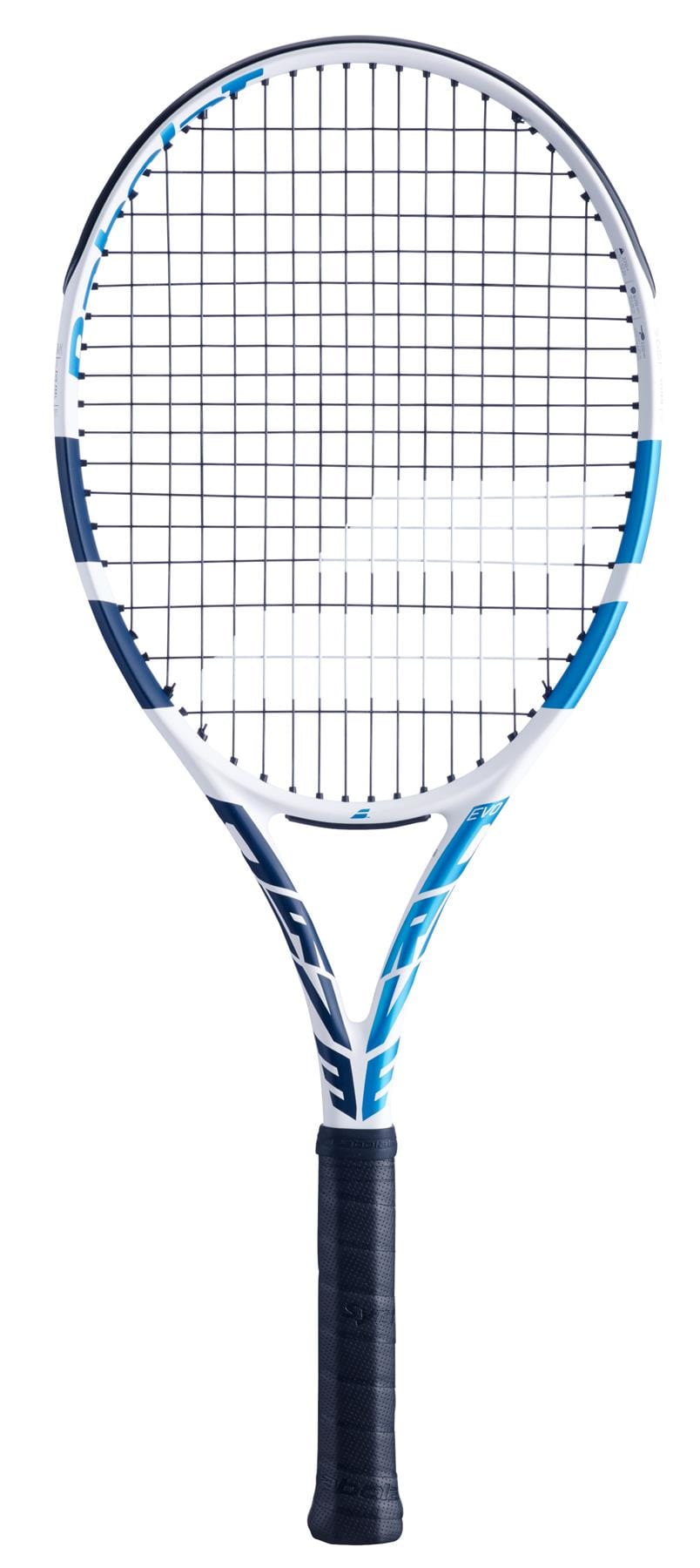 The Babolat Evo Drive Tennis Racket - White (Strung) is ideal for intermediate players, showcasing a modern and sleek design with its white and blue frame complemented by a black handle, along with an eye-catching mesh string pattern.