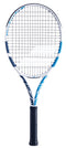 The Babolat Evo Drive Tennis Racket - White (Strung) is ideal for intermediate players, showcasing a modern and sleek design with its white and blue frame complemented by a black handle, along with an eye-catching mesh string pattern.