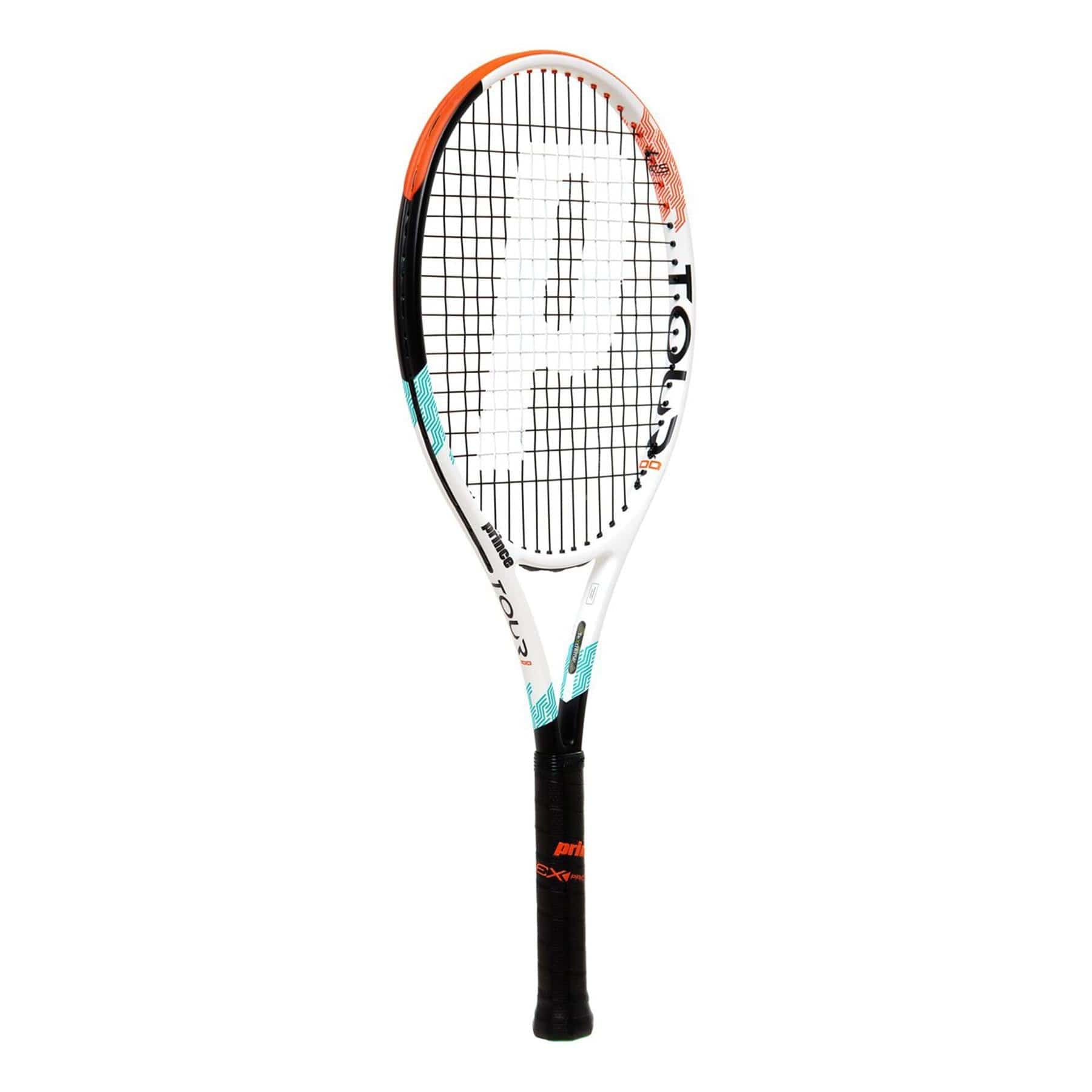 The Prince Tour 100 310g Tennis Racket features a stylish white frame with black strings, prominently displaying the distinctive "P" logo. Its black handle is adorned with orange and teal accents on the frame and incorporates TeXtreme technology for enhanced performance.