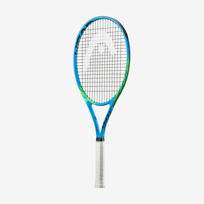 A HEAD MX Spark Elite tennis racket, featuring a blue design with a white grip, is positioned upright against a plain white background.