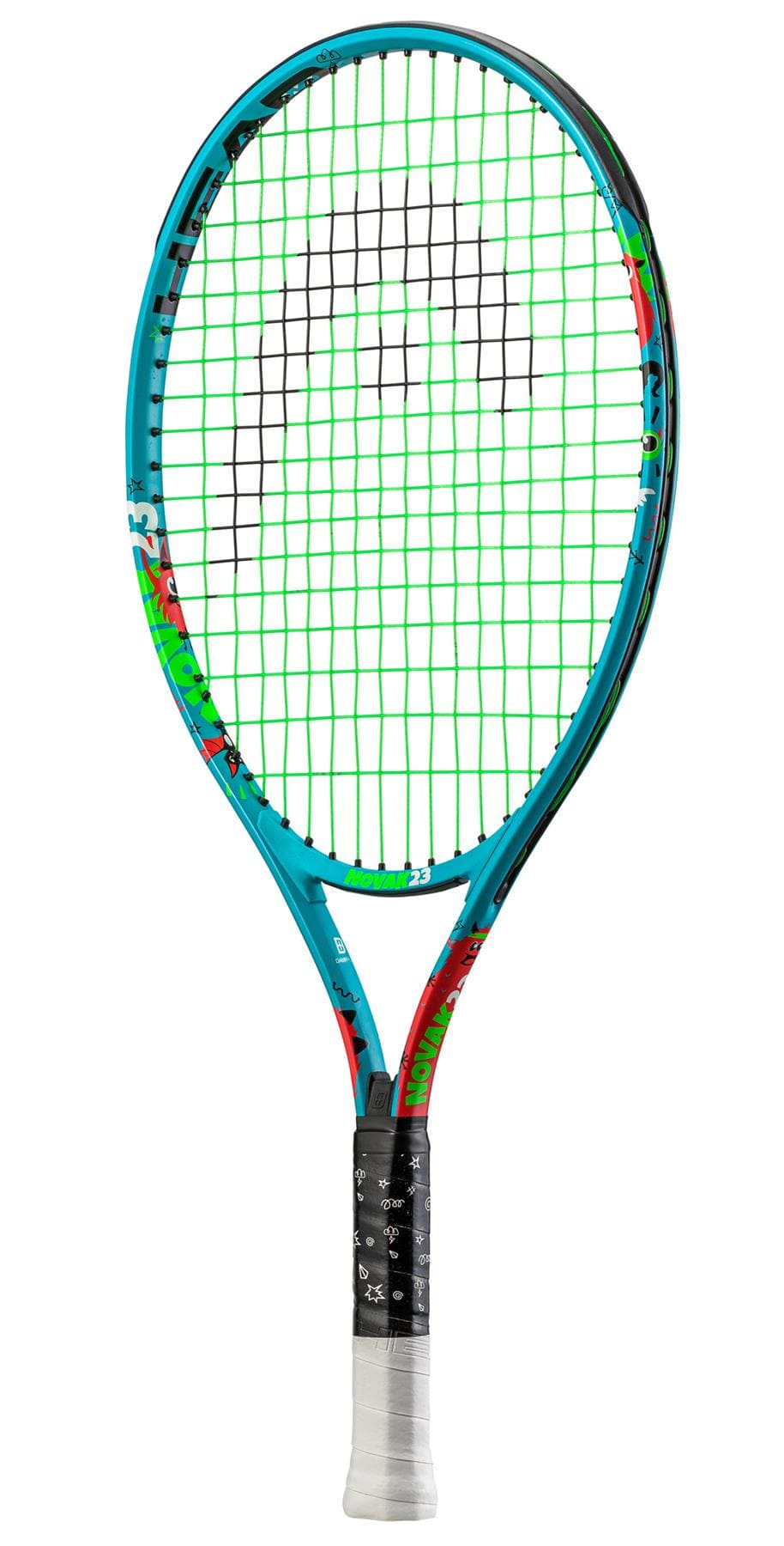 A HEAD Novak 23 Junior Tennis Racket, featuring a blue frame with green strings and a black grip, is displayed vertically against a white background. This racket is perfect for aspiring champions seeking junior tennis equipment inspired by the performance and style of Novak Djokovic.