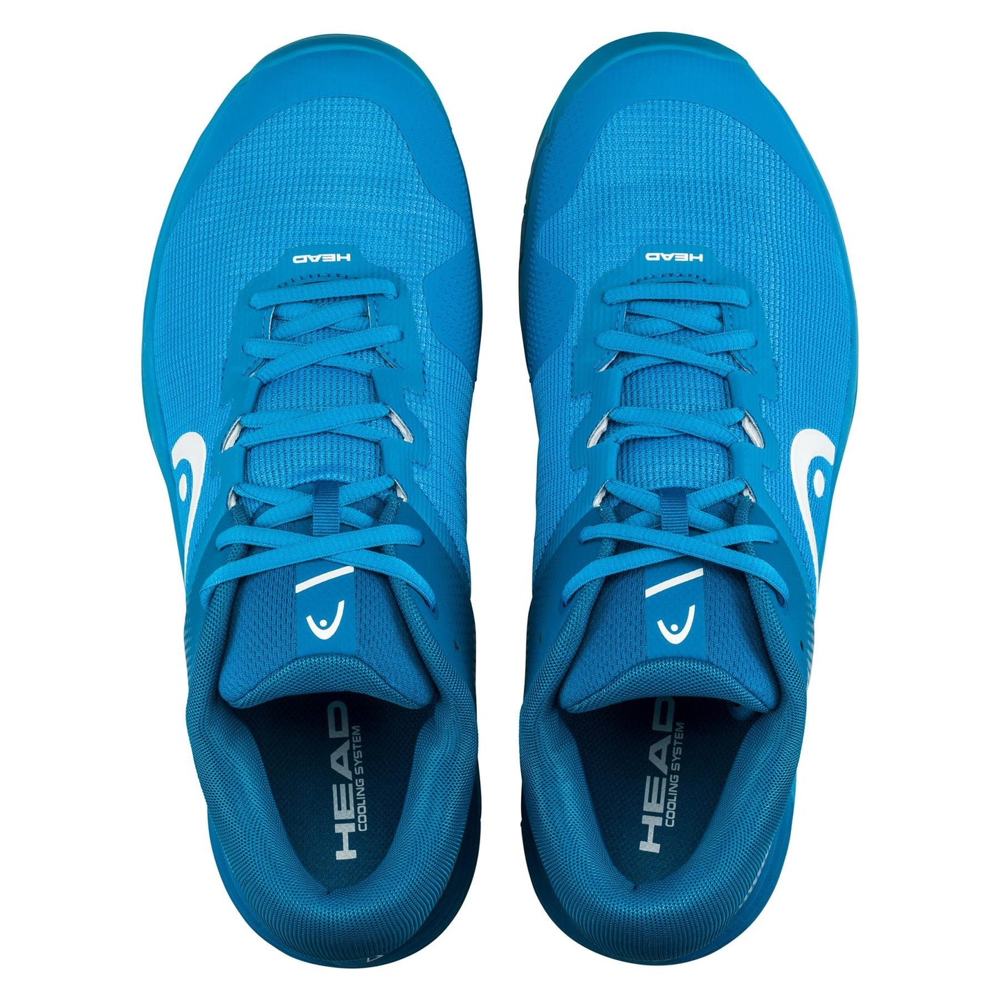 Viewed from above, the HEAD Revolt EVO 2.0 Men's Wide Fit Tennis Shoes in blue showcase their white accents and textured pattern. The brand name, HEAD, is visible on both the tongue and insole. With a sleek design featuring lace-up closures, these shoes provide exceptional cushioning for enhanced comfort.