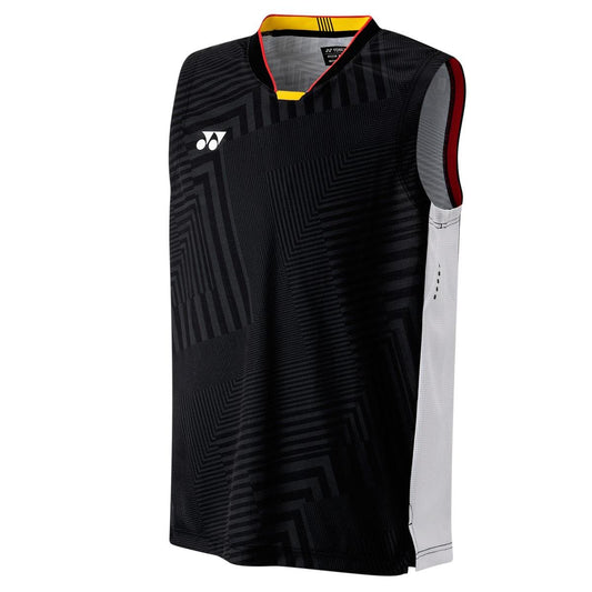 The Yonex 10513 Men's Sleeveless Shirt (Team China) - Black boasts a geometric black pattern and features red and yellow accents around the collar. The left side shines with a light gray finish, incorporating VERYCOOL technology. A small white logo on the chest emphasizes its Air Release design for added comfort.