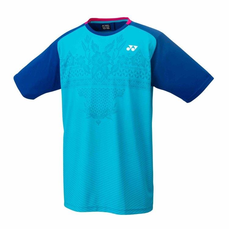 The Yonex 16573 Men's T-Shirt - Turquoise is an athletic top featuring intricate patterns on the front. It comes in blue and turquoise hues with short sleeves accented by darker blue details, and it has a small white Yonex logo on the chest. Made from quick-dry material, this shirt is stylishly designed with a subtle pink outline around the collar.