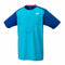 The Yonex 16573 Men's T-Shirt - Turquoise is an athletic top featuring intricate patterns on the front. It comes in blue and turquoise hues with short sleeves accented by darker blue details, and it has a small white Yonex logo on the chest. Made from quick-dry material, this shirt is stylishly designed with a subtle pink outline around the collar.
