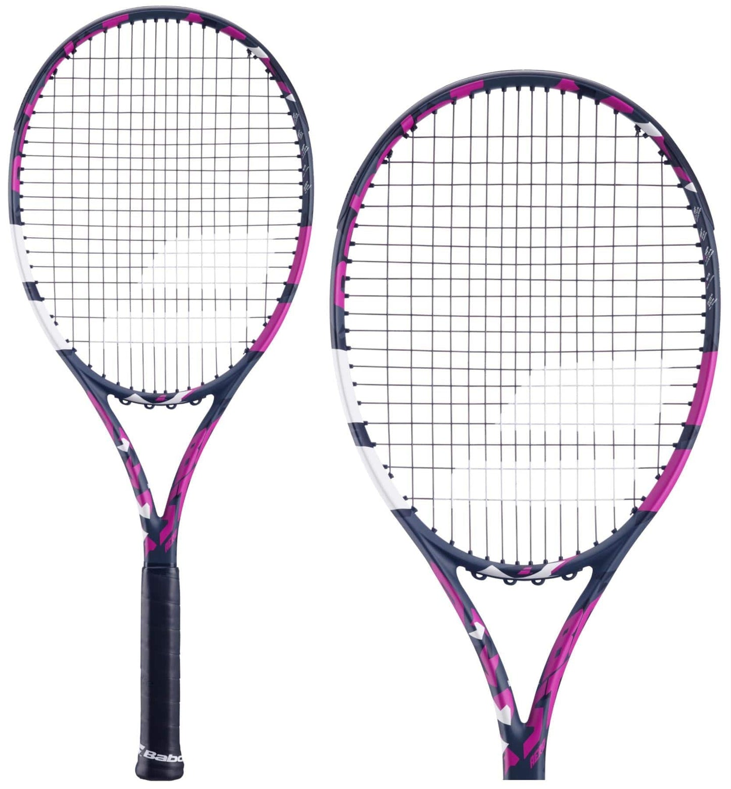 The set of two Babolat Boost Aero Pink 260g Tennis Rackets, featuring black grips and strings, highlight the racket's sleek design and vibrant patterns in pink, white, and black. Crafted with a graphite composition, they are elegantly presented from various angles against a plain white background.
