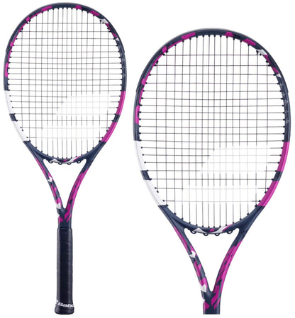 The set of two Babolat Boost Aero Pink 260g Tennis Rackets, featuring black grips and strings, highlight the racket's sleek design and vibrant patterns in pink, white, and black. Crafted with a graphite composition, they are elegantly presented from various angles against a plain white background.