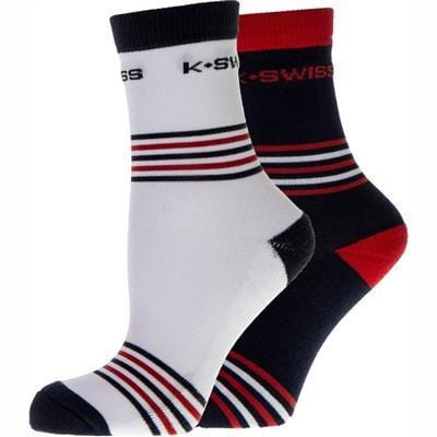Check out the K-Swiss TAC Heritage Duo Sports Socks in White Navy. This set comprises two pairs of athletic socks—one white and one black—with stylish red, white, and black stripes around the ankle. Crafted for moisture absorption, these socks feature the "K-Swiss" logo near the cuff to combine style with comfort.