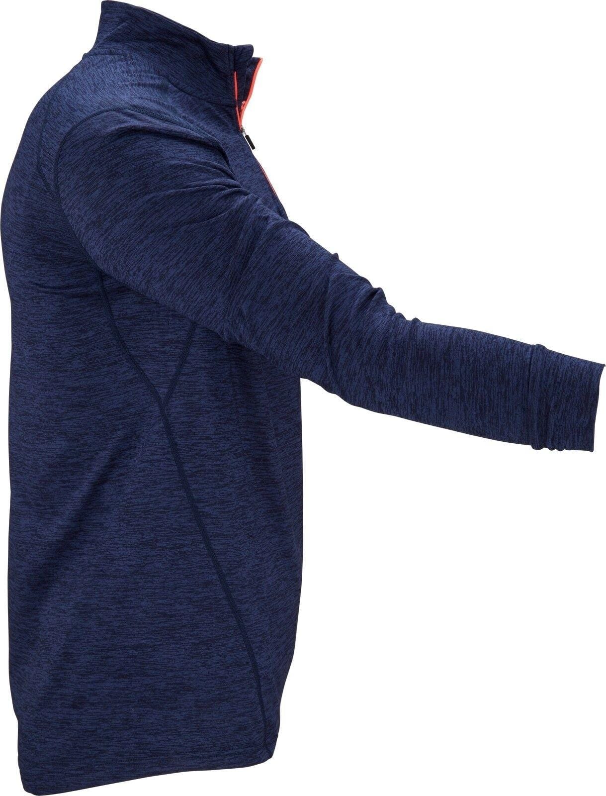 Displayed in profile is the Victor Longsleeve Men's Quarter Zip Jacket in blue, showcased on a mannequin. This modern tracksuit-style jacket features a quarter zip and a mock neck, made from lightweight fabric with a subtle textured pattern. The sleeves extend straight out to highlight its contemporary athletic design.