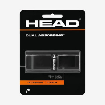 The HEAD Dual Absorbing Replacement Tennis Grip - Black comes in a chic black package accented with white and orange, showcasing its advanced absorption features. The packaging emphasizes "Tackiness" and "Touch," with the grip itself boldly displayed at the center.