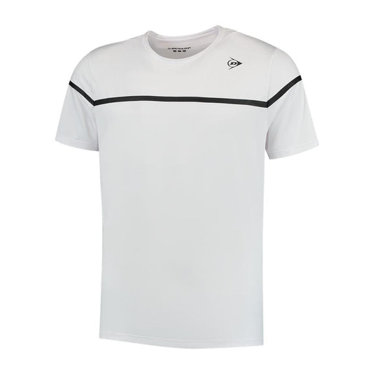 The Dunlop Performance Game 2 Men's Tennis T-Shirt in white features a plain design with short sleeves and a small logo on the left chest. It is enhanced by a thin black horizontal stripe across the upper chest and sleeves, crafted from moisture-absorbing materials for optimal comfort during intense matches.
