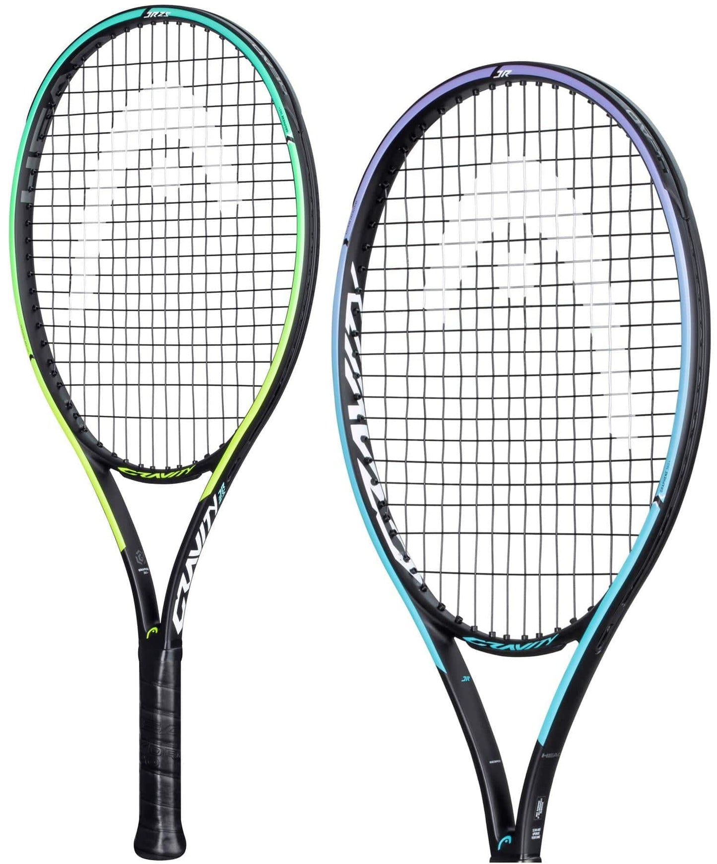 Two tennis rackets are placed side by side. The racket on the left is a HEAD Gravity Junior 2021 Tennis Racket, showcasing Graphene 360+ technology, and displays a black frame adorned with neon green accents. The racket on the right also features a black frame, but with light blue details. Both rackets have black grips and tightly woven strings.