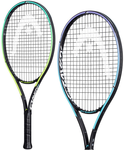 Two tennis rackets are placed side by side. The racket on the left is a HEAD Gravity Junior 2021 Tennis Racket, showcasing Graphene 360+ technology, and displays a black frame adorned with neon green accents. The racket on the right also features a black frame, but with light blue details. Both rackets have black grips and tightly woven strings.
