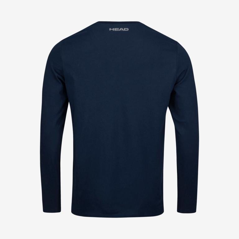 The image displays the back view of the HEAD Club Cliff Men's Long Sleeve Top in dark blue. This top from HEAD is crafted from a blend of polyester and cotton, with "HEAD" subtly printed in small white letters near the neckline. Set against a plain white backdrop, it features moisture-absorbing properties.