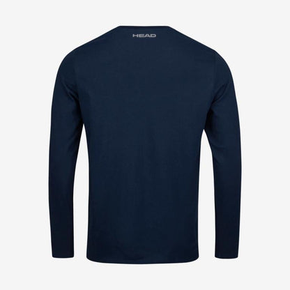 The image displays the back view of the HEAD Club Cliff Men's Long Sleeve Top in dark blue. This top from HEAD is crafted from a blend of polyester and cotton, with "HEAD" subtly printed in small white letters near the neckline. Set against a plain white backdrop, it features moisture-absorbing properties.