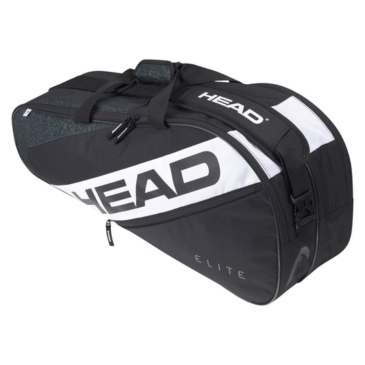 The HEAD Elite 6R Combi Tennis Bag in black and white is designed to carry sports equipment with ease, featuring multiple compartments for ample storage. The bold "ELITE" branding on the side enhances its sleek appearance, while sturdy handles and a Two Way Carry System provide unmatched convenience for transporting up to six rackets.