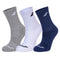 Displayed side by side are three pairs from the Babolat Long Tennis Socks 3 Pack in white, blue, and grey. Each sock showcases a logo near the top and toe area. Crafted with reinforced comfort and ventilated zones, the ribbed fabric ensures softness and breathability.