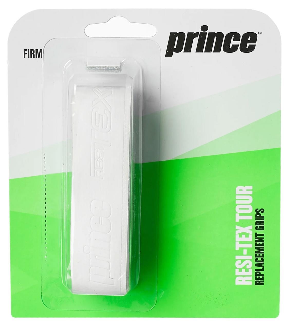 The packaging of the Prince ResiTex Tour Replacement Tennis Grip - White features a sophisticated embossed Prince logo. This essential tennis accessory, renowned for its superior moisture absorption, is set against a clean green and white backdrop, highlighting the sleek white grip.