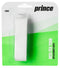 The packaging of the Prince ResiTex Tour Replacement Tennis Grip - White features a sophisticated embossed Prince logo. This essential tennis accessory, renowned for its superior moisture absorption, is set against a clean green and white backdrop, highlighting the sleek white grip.