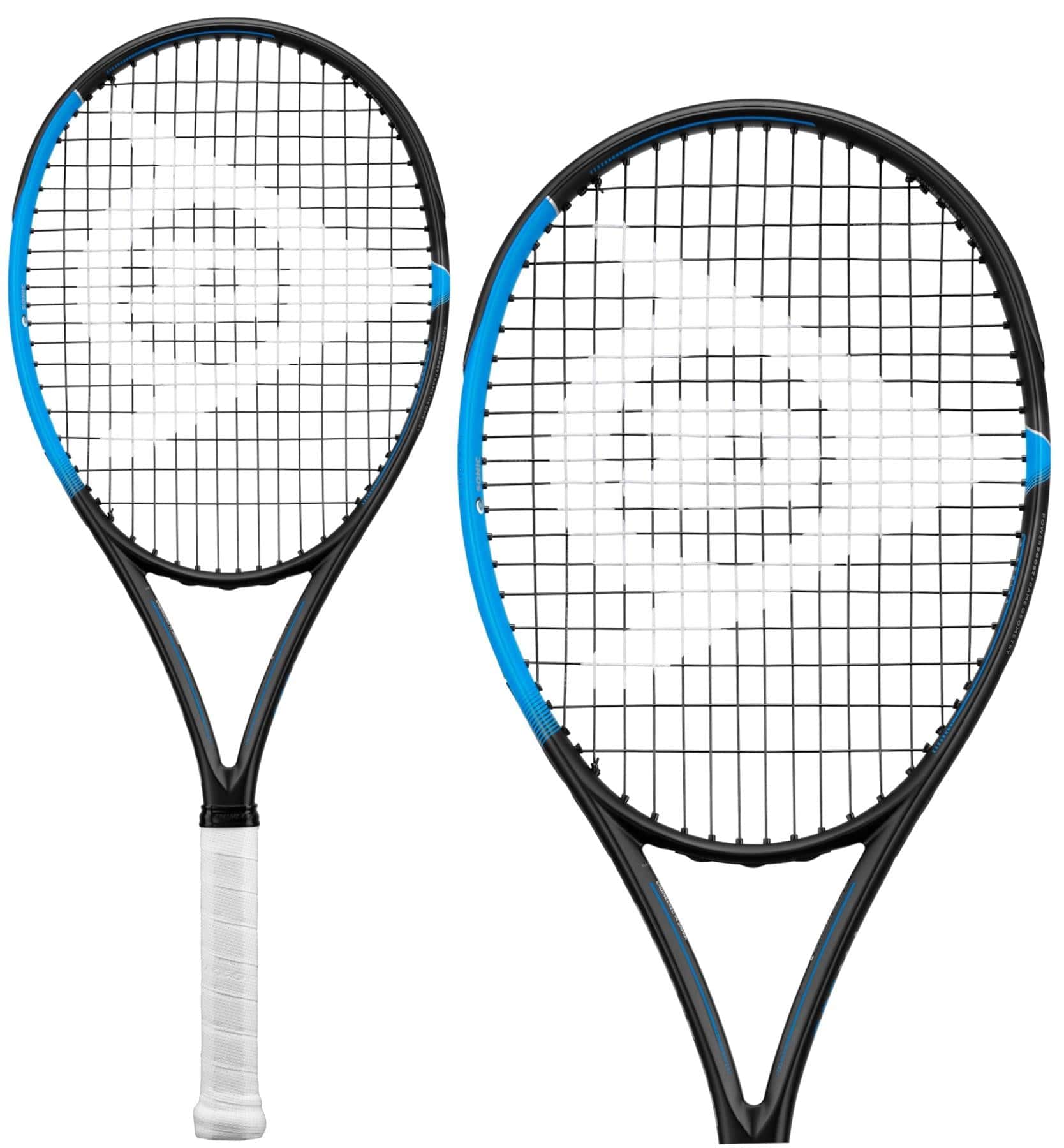 Two Dunlop FX 500 Lite tennis rackets in black and blue, featuring white grips and strings with Sonic Core technology, are depicted. One racket is shown front-facing while the other is angled, both showcasing a large round head with the brand logo centered on the strings to enhance Power Boost performance for players.
