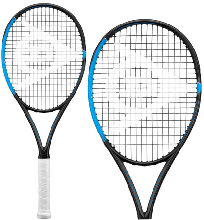 Two Dunlop FX 500 Lite tennis rackets in black and blue, featuring white grips and strings with Sonic Core technology, are depicted. One racket is shown front-facing while the other is angled, both showcasing a large round head with the brand logo centered on the strings to enhance Power Boost performance for players.
